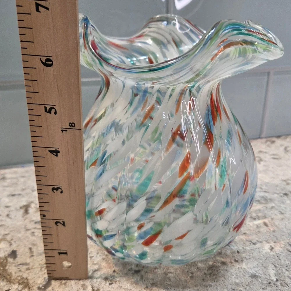 Hand Blown‎ Confetti Glass Vase Ruffled Rim Multi Color Splatter Art Glass 6.5